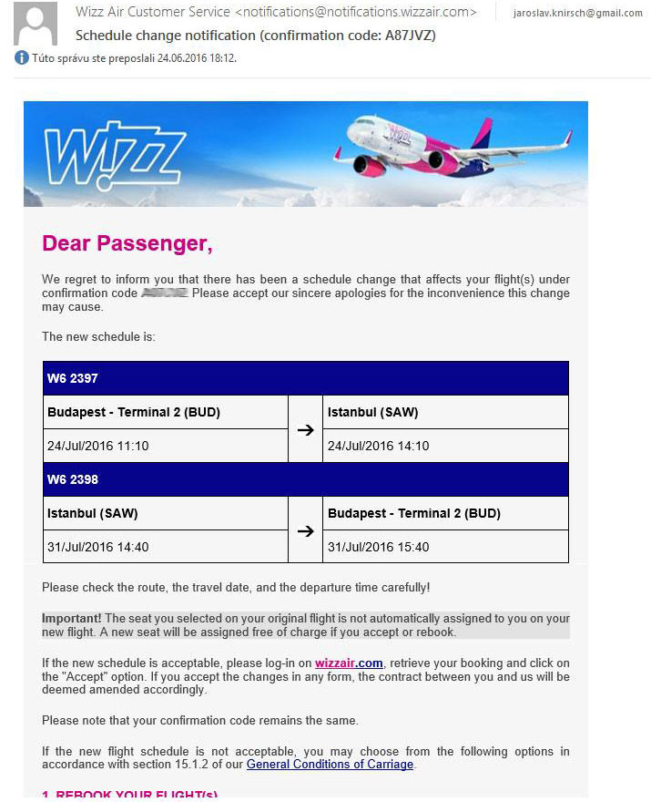 Zrušenie letu WizzAir