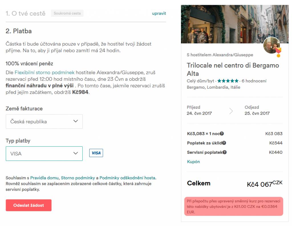 Airbnb: platba v CZK
