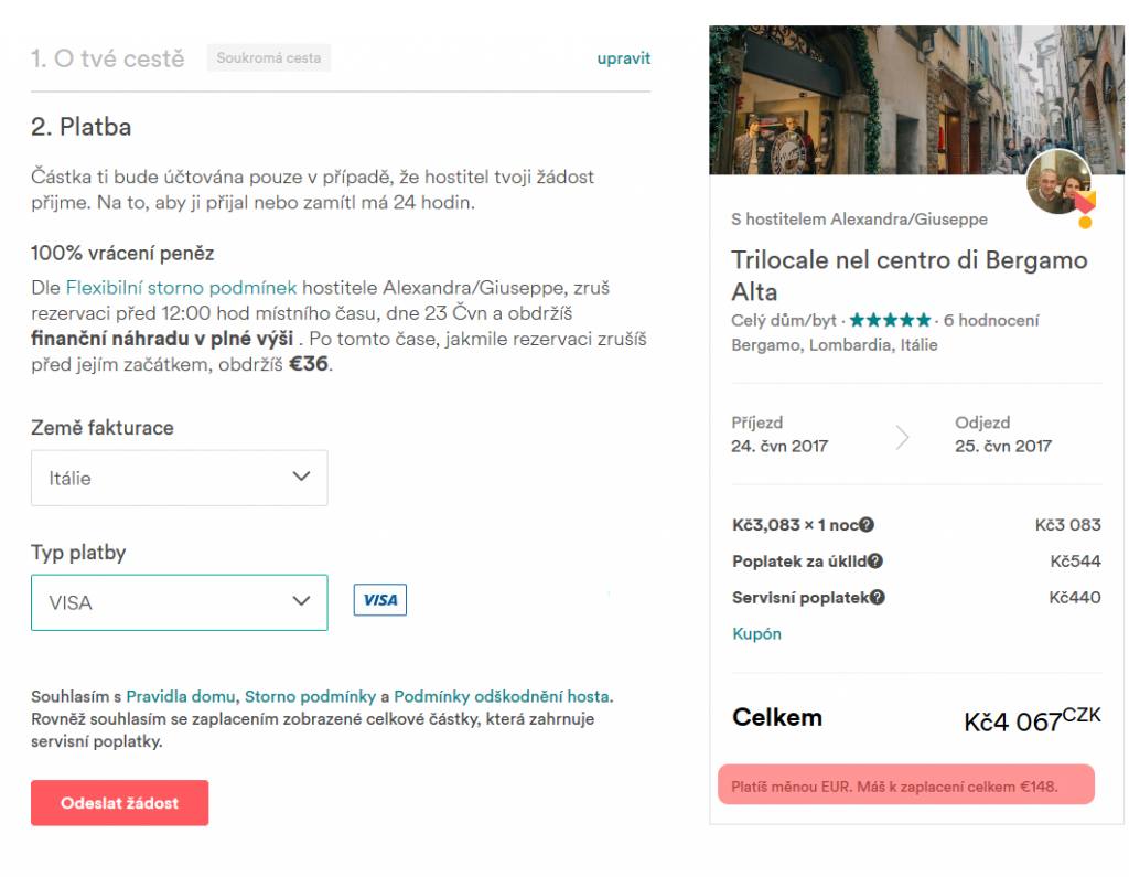 Airbnb: platba v €